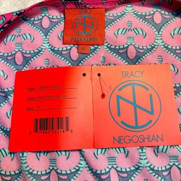 NWT Tracy Negoshian Dress XL Dolly Pink Navy Green Geometric Fleur de Lis Midi - Picture 10 of 15